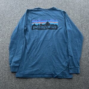 Patagonia P6 Logo T Shirt Mens M Blue Outdoor Hiking Long Sleeve Organic Graphic